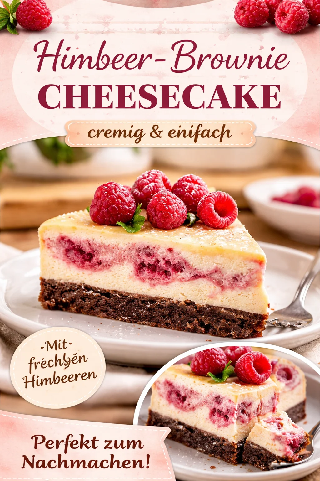 Himbeer-Brownie-Cheesecake mit Schokoladenboden und frischen Himbeeren.