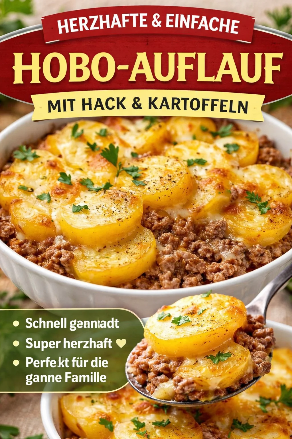 Hobo-Auflauf auf einem Teller serviert, lecker und herzhaft.