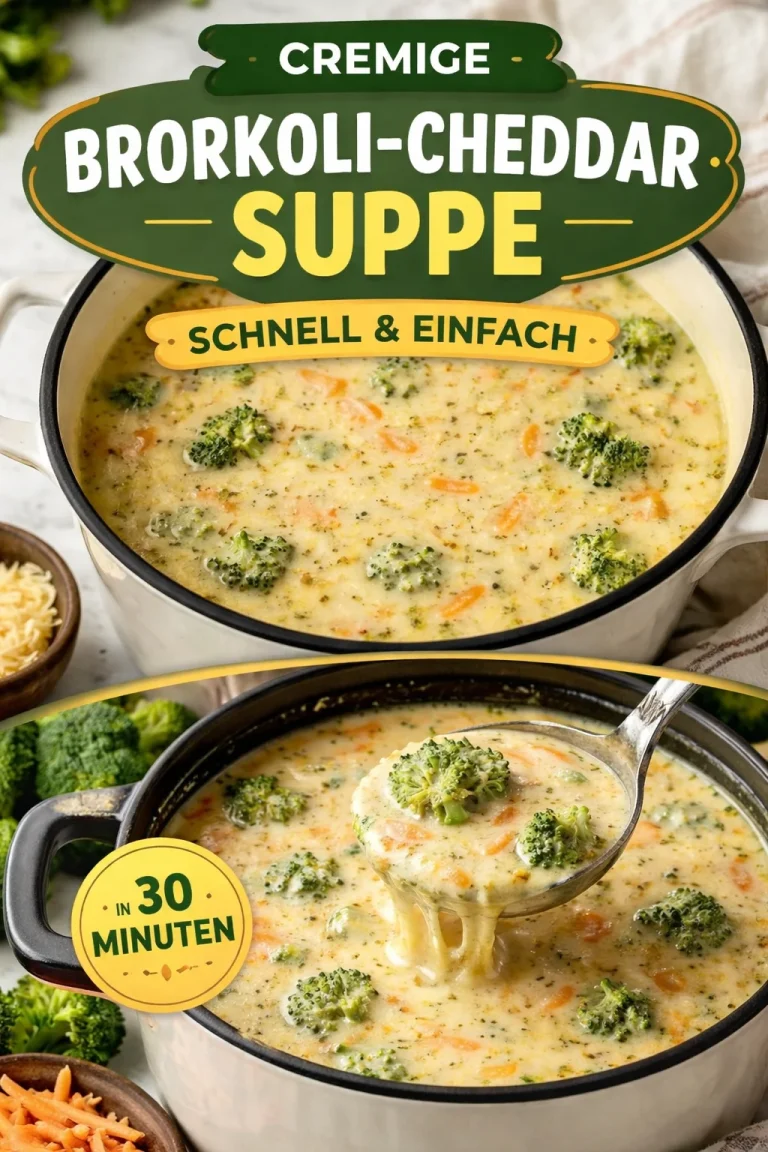 Schüssel mit proteinreicher Brokkoli-Cheddar-Suppe auf einem Tisch