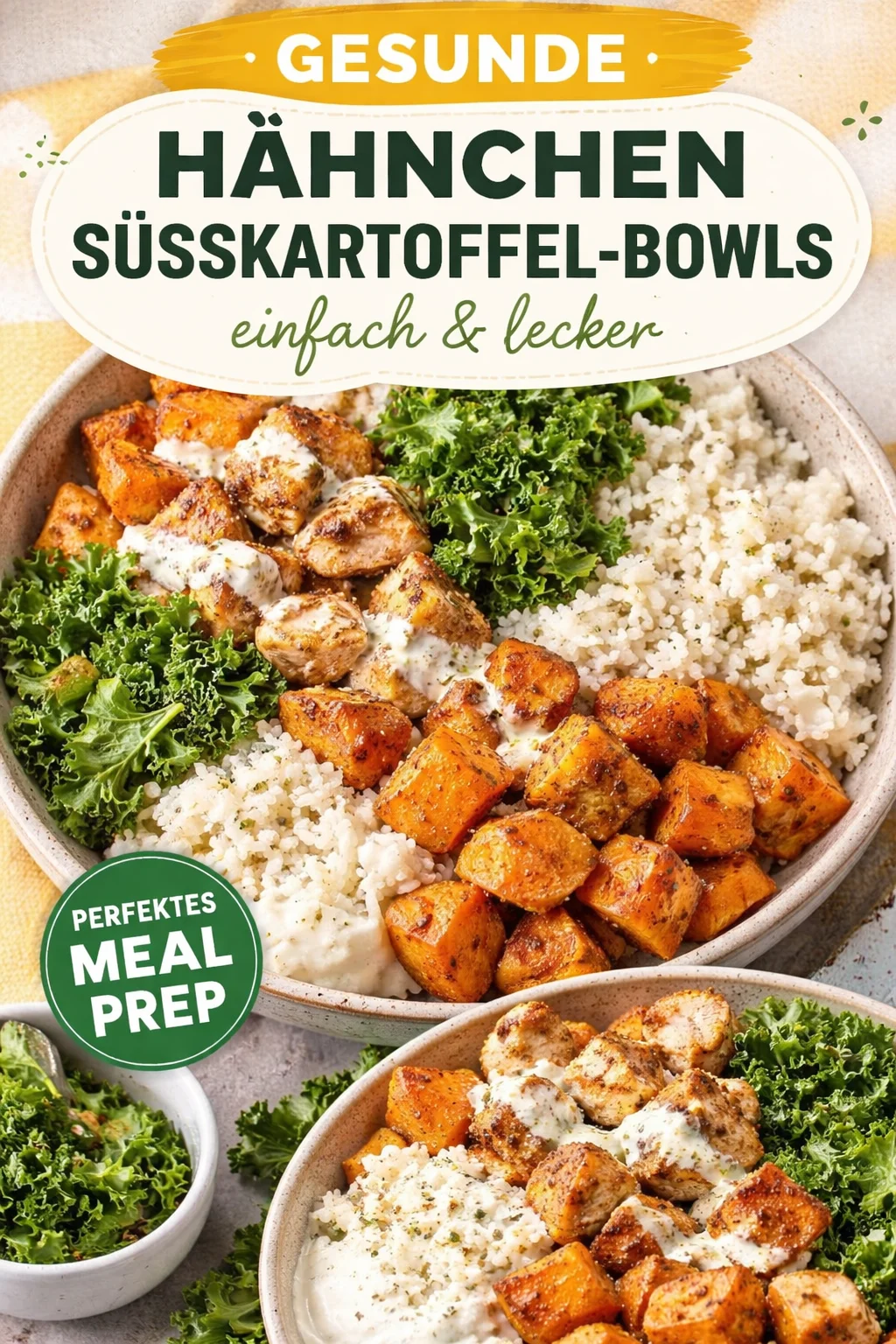 Hühnchen-Bowl mit Süßkartoffeln und Grünkohl auf einem Teller serviert.