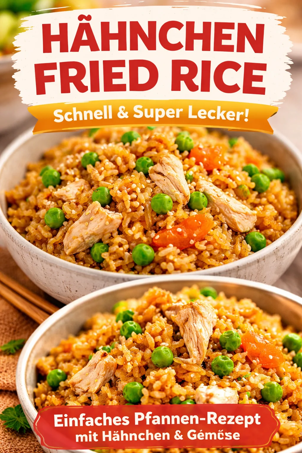 Leckeres Hühnchen gebratener Reis mit buntem Gemüse und Gewürzen