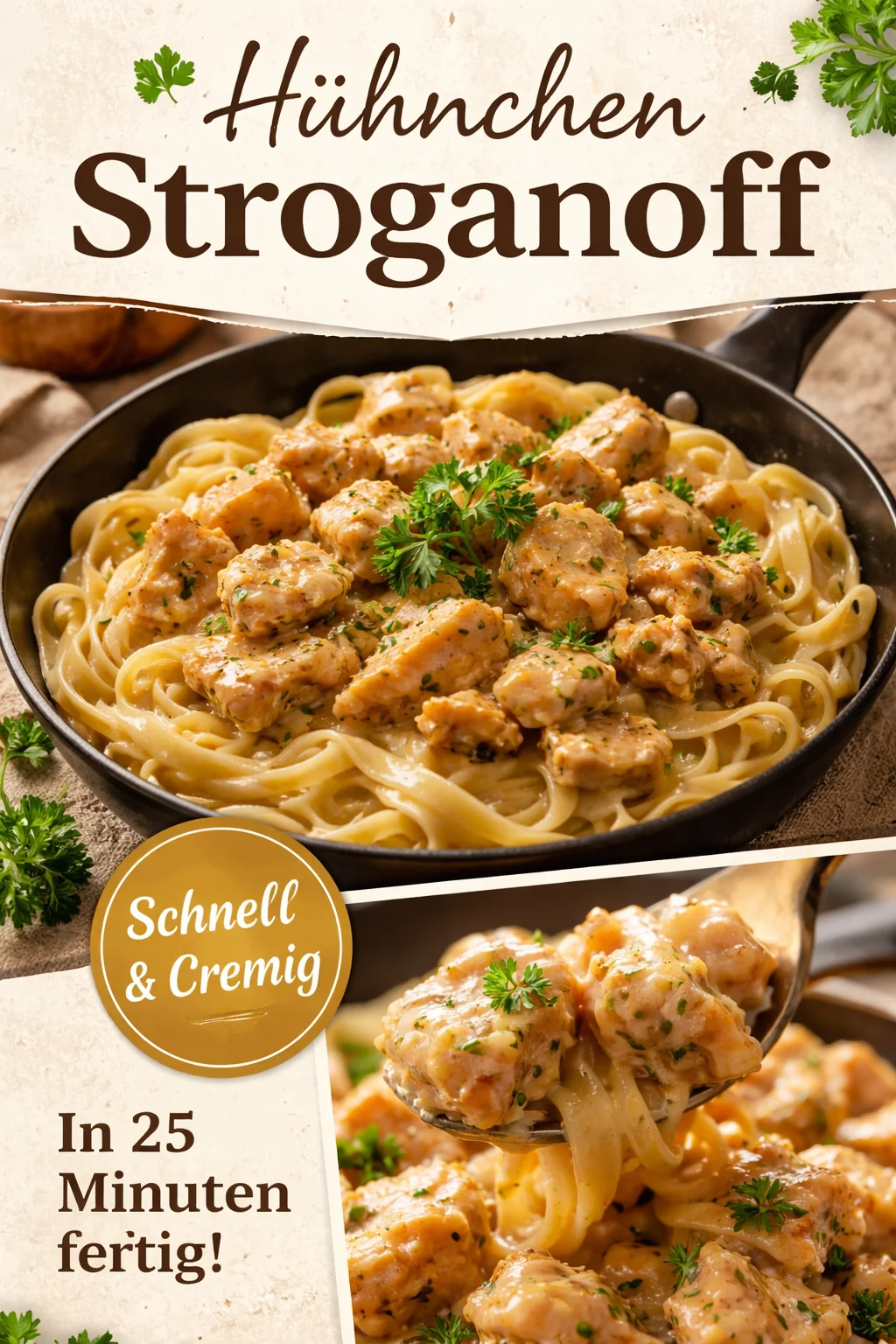 Hühnchen Stroganoff serviert mit Reis und Gemüse auf einem Teller.