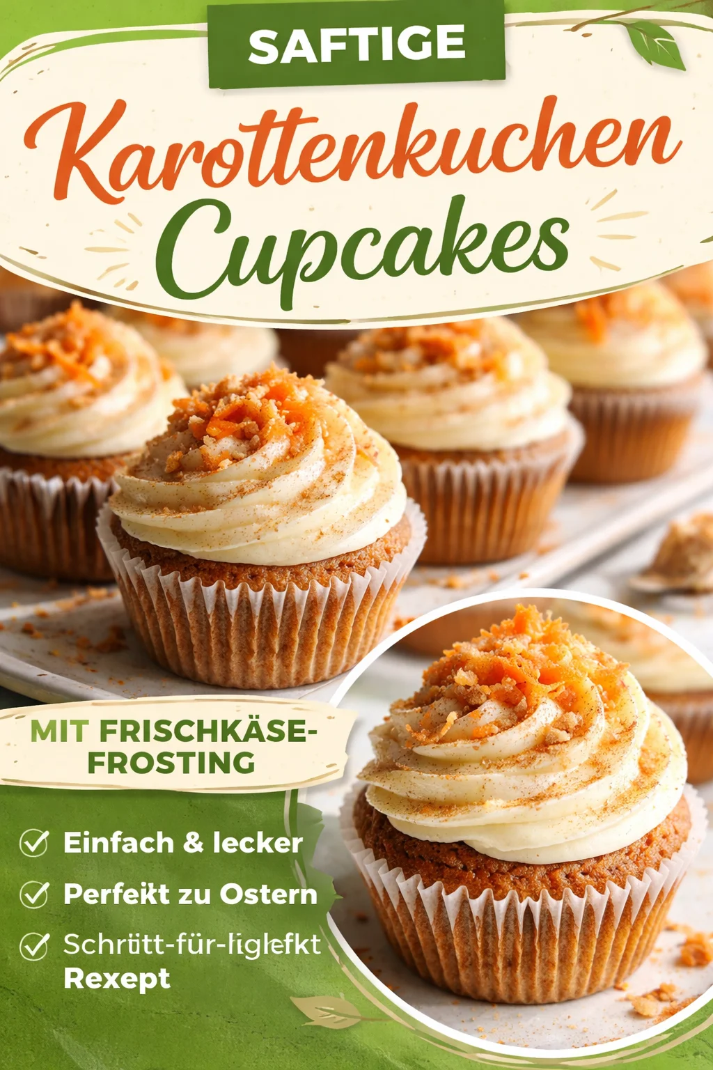 Leckere Karottenkuchen Muffins auf einem Holzbrett mit frischen Karotten