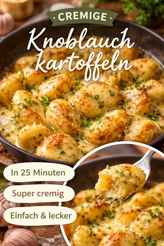 Kartoffeln mit cremiger Knoblauchsoße auf einem weißen Teller