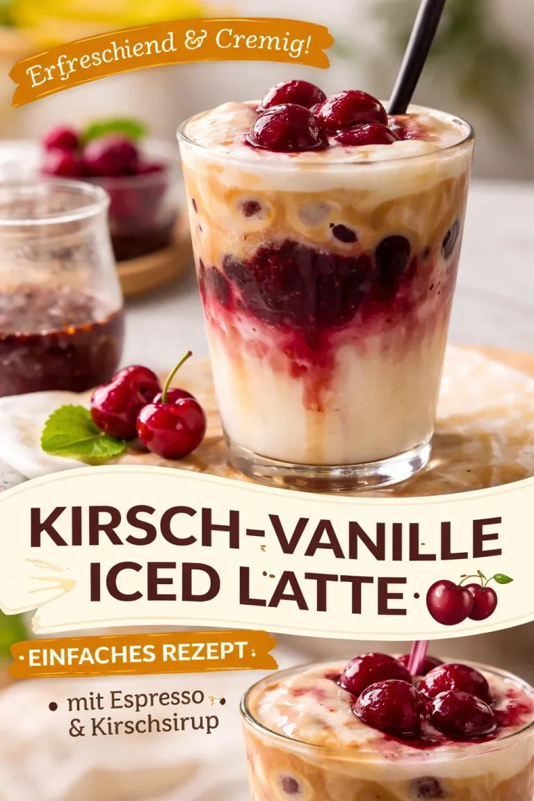 Kirsche-Vanille Eiskaffee in einem Glas mit Sahne und Kirschen garniert