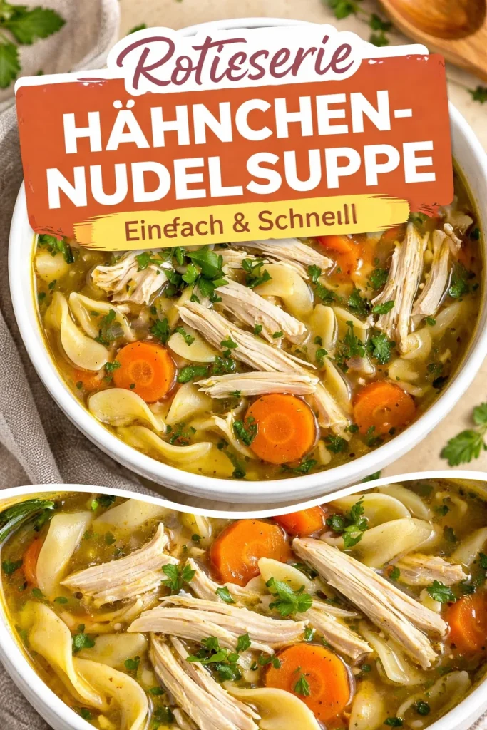 Klassische Rotisserie-Hühnchen-Nudelsuppe in einer Schüssel mit frischen Zutaten