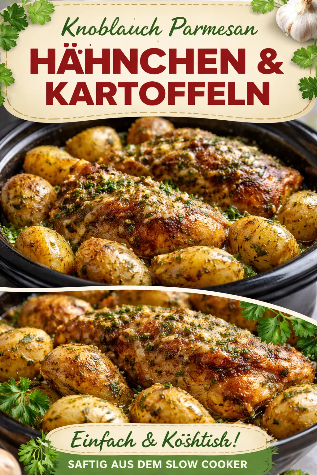 Knoblauch Parmesan Crockpot Huhn mit Kartoffeln im Slow Cooker