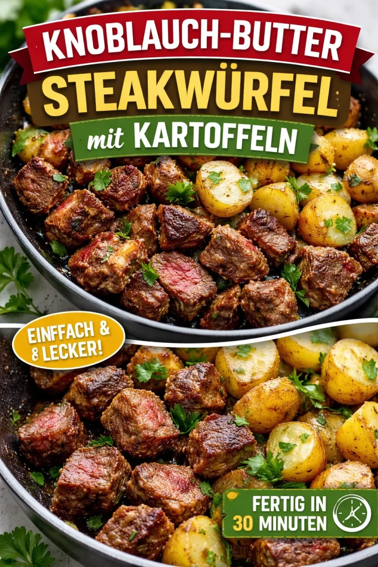 Knoblauchbutter Steak mit Bissen und Kartoffeln auf einem Teller serviert.
