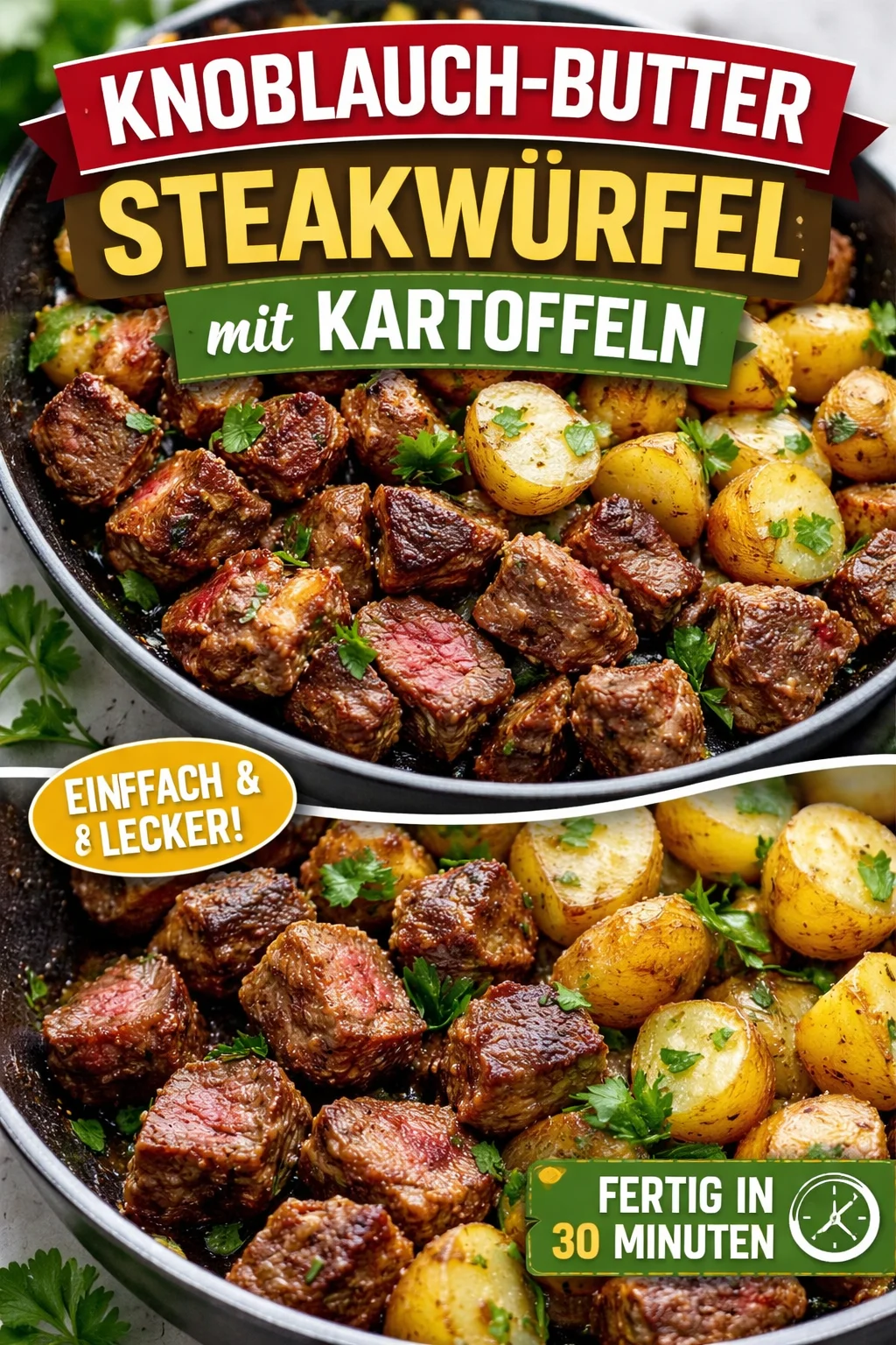 Knoblauchbutter Steak mit Bissen und Kartoffeln auf einem Teller serviert.