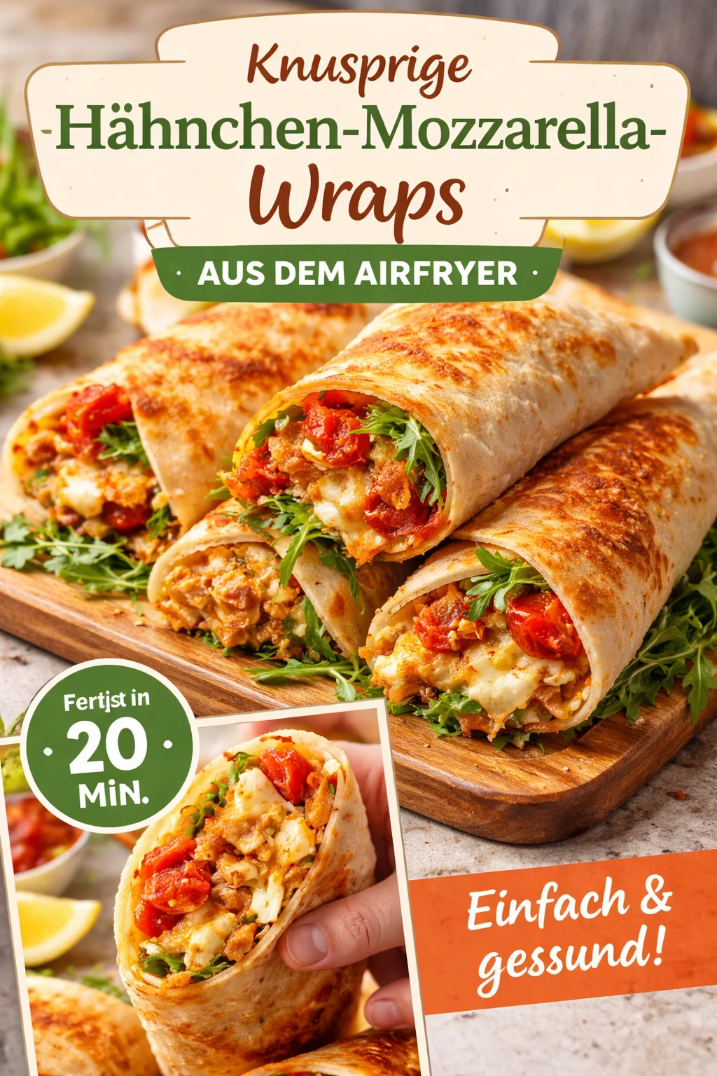 Knusprige Hähnchen-Mozzarella-Wraps auf einem Teller serviert