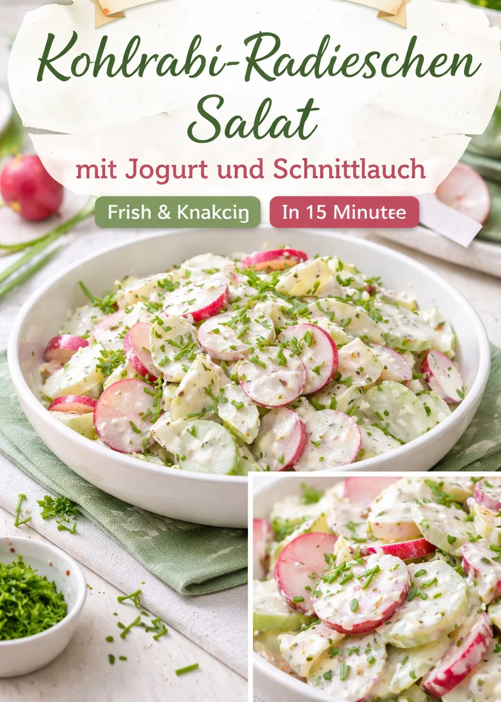 Kohlrabi-Radieschen-Salat mit frischen Zutaten auf einem Teller