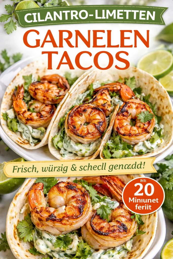 Koriander-Limetten-Garnelen-Tacos auf einem Teller angerichtet