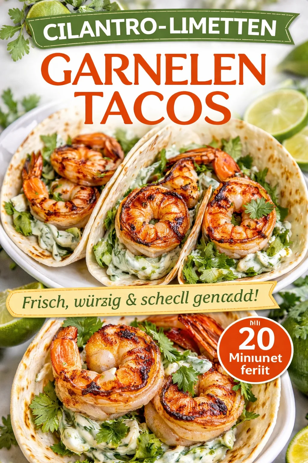 Koriander-Limetten-Garnelen-Tacos auf einem Teller angerichtet