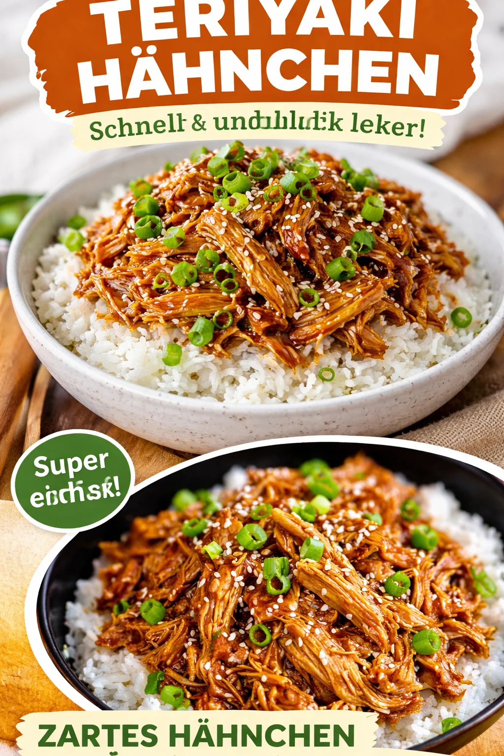 Langsam gekochtes Teriyaki-Hühnchen in einer Schüssel serviert.
