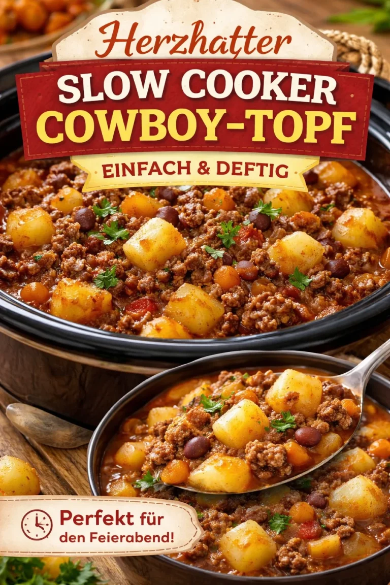 Leckerer Cowboy-Auflauf aus dem Slow Cooker serviert auf einem rustikalen Tisch.