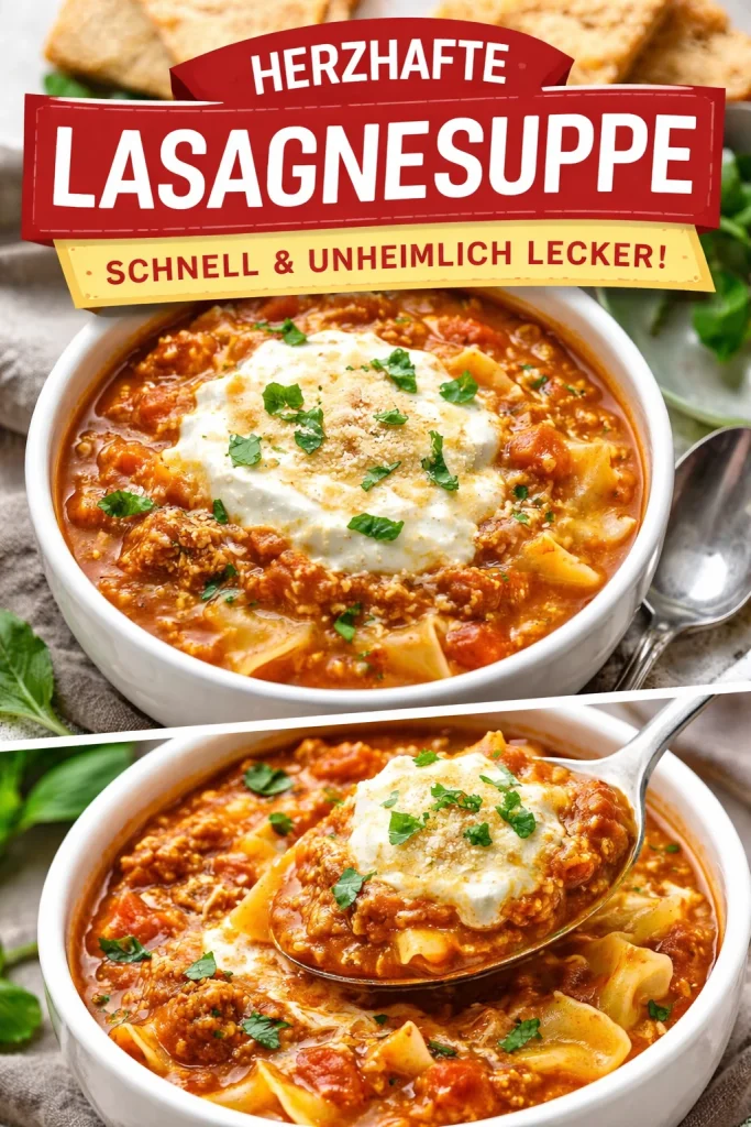 Schüssel mit cremiger Lasagnasuppe mit Käse und frischen Kräutern.