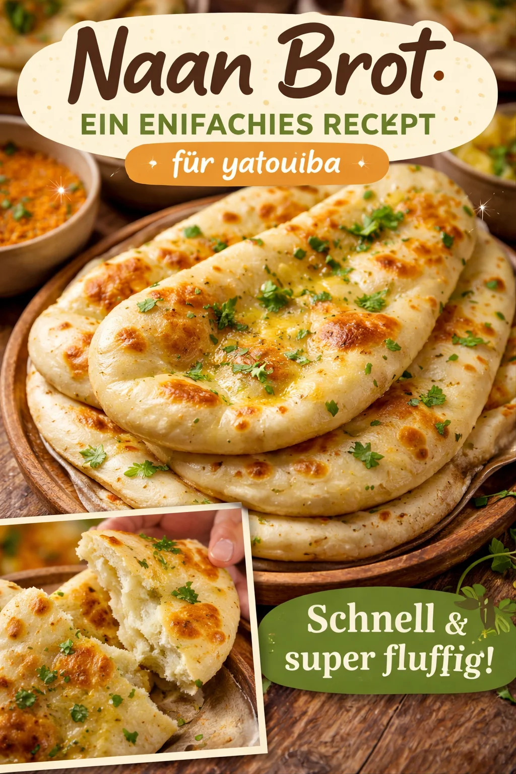 Leckeres, frisch gebackenes Naan-Brot auf einem Holzbrett