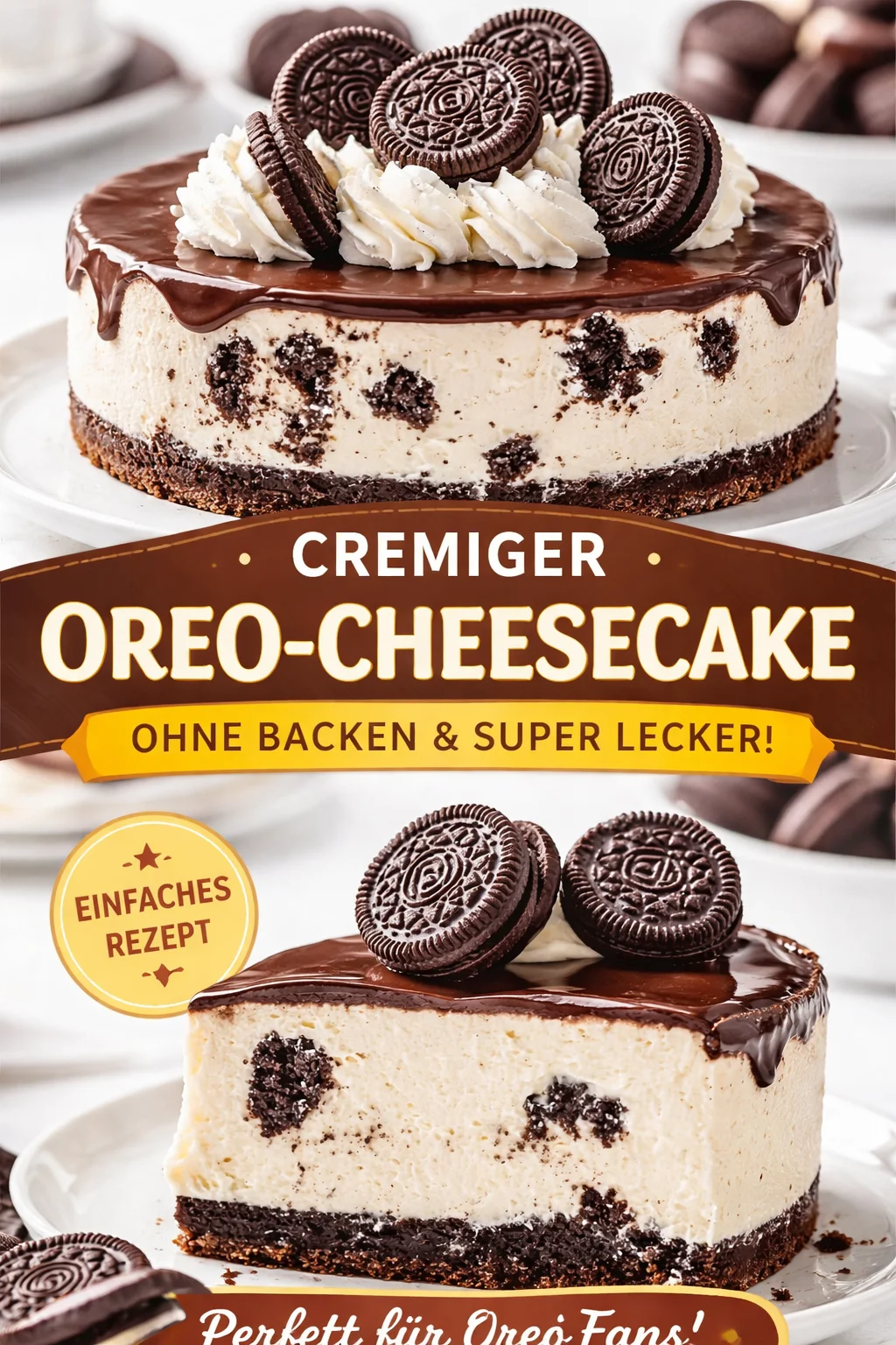 Oreo Käsekuchen mit Schokoladengeschmack und Oreo-Keksen auf einem Teller