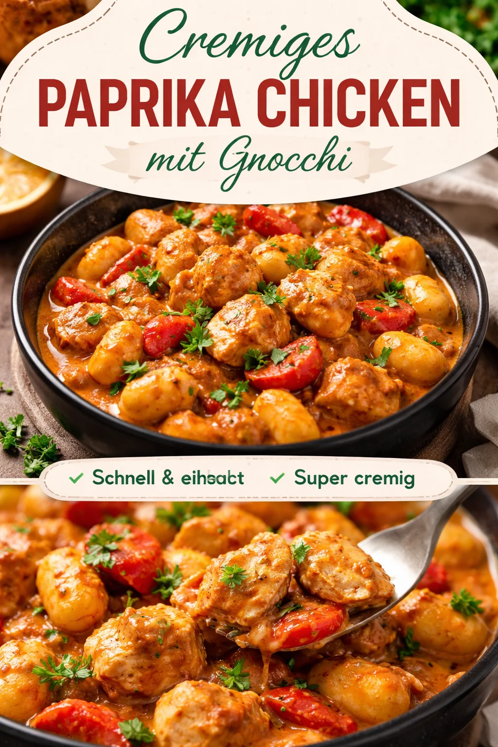 Paprika-Sahne-Hähnchen mit Gnocchi auf einem Teller serviert