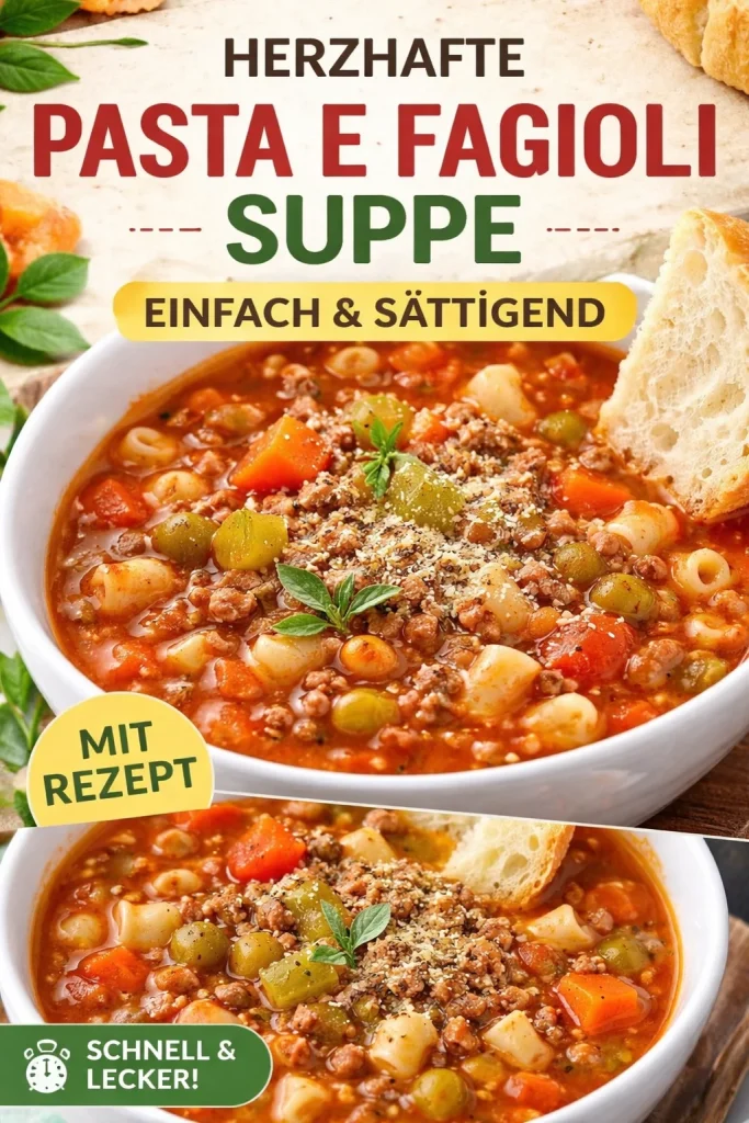 Teller mit Pasta e Fagioli Suppe, reichhaltig und würzig
