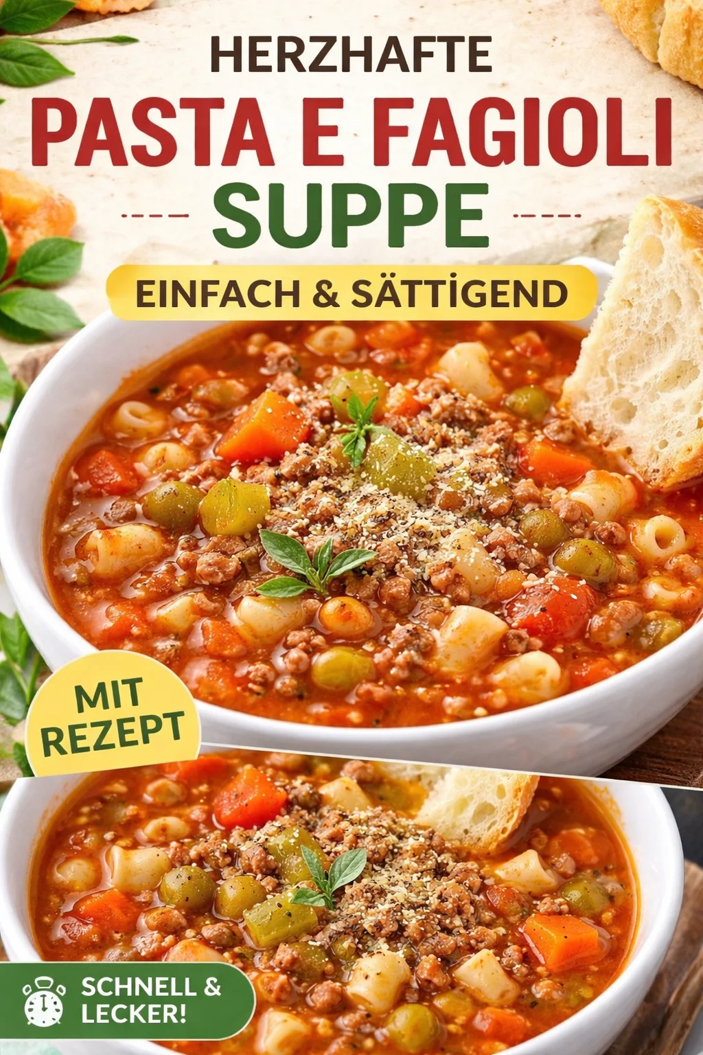 Teller mit Pasta e Fagioli Suppe, reichhaltig und würzig