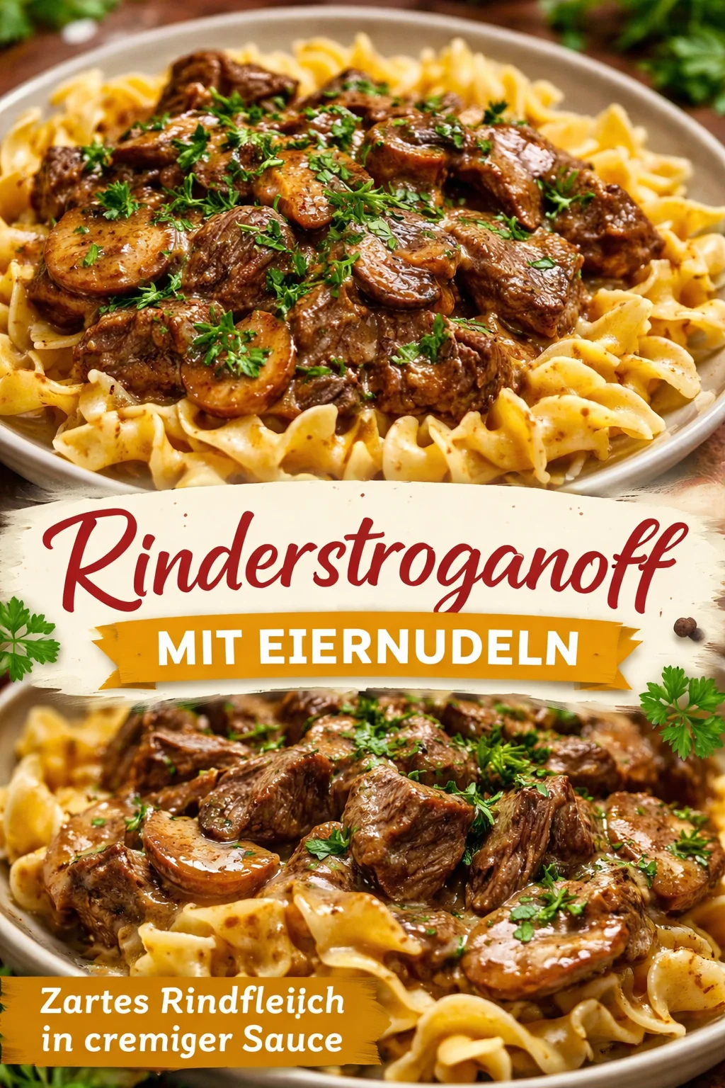 Delikates Rinder Stroganoff Gericht auf einem Teller serviert