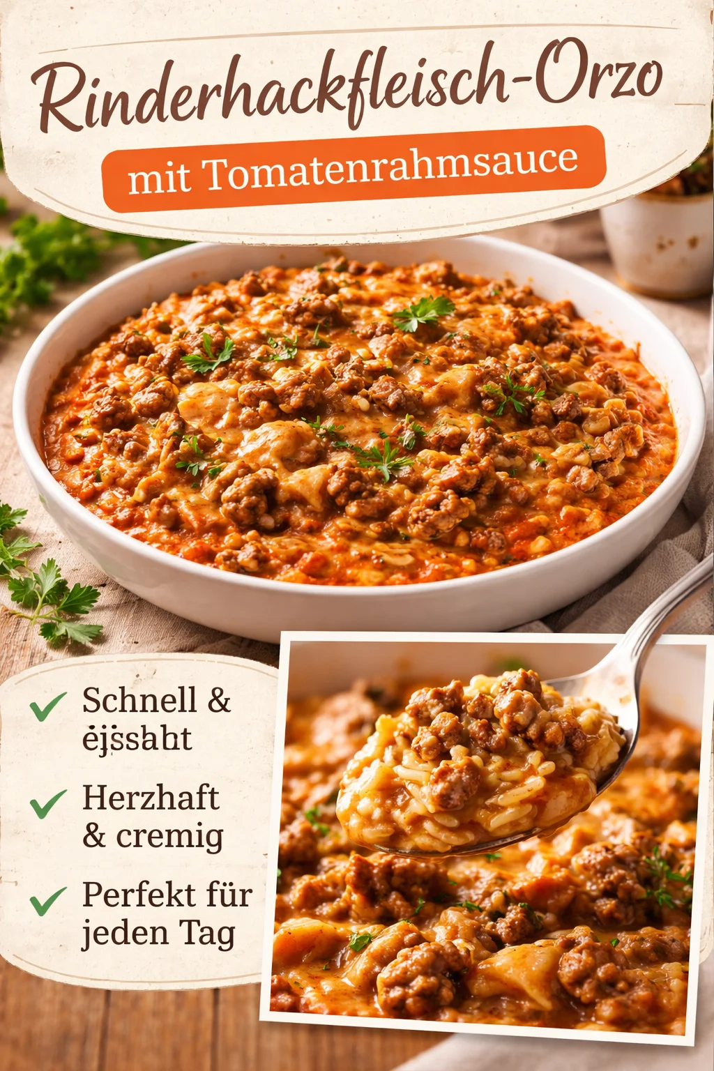 Schüssel mit Rinderhackfleisch-Orzo in cremiger Tomatenrahmsauce