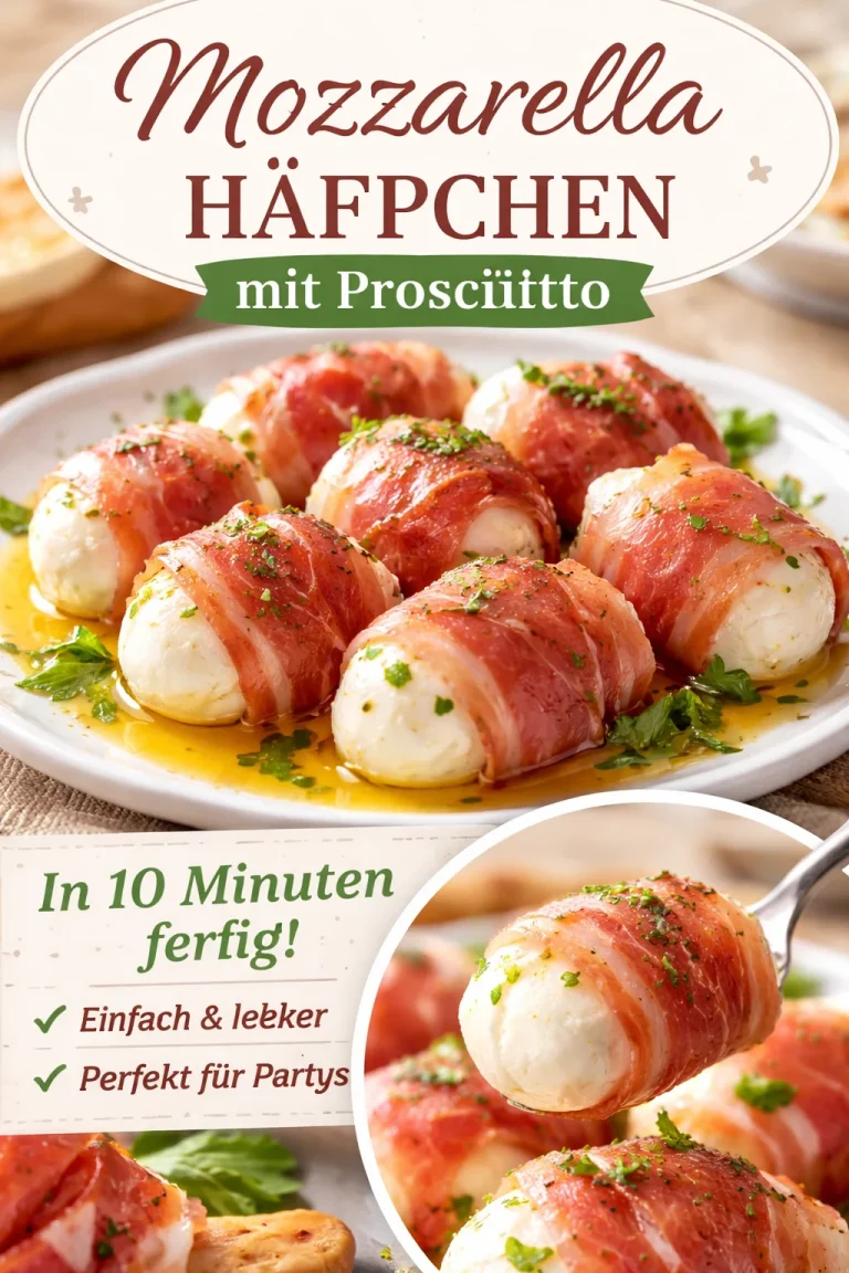 Rindfleisch Häppchen mit Prosciutto und Mozzarella auf einem Teller angerichtet.
