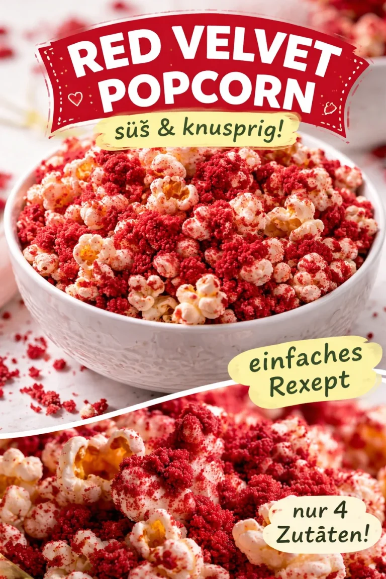 Rote Samt-Popcorn in einer Schüssel, frisch und lecker für jeden Filmabend.
