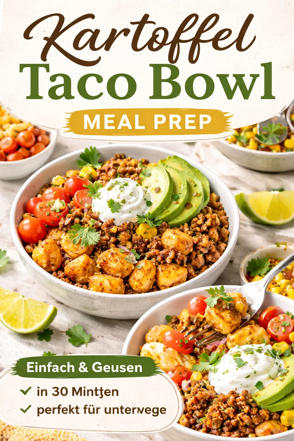 Schnelle Kartoffel-Taco-Bowl mit frischen Zutaten und leckerer Füllung