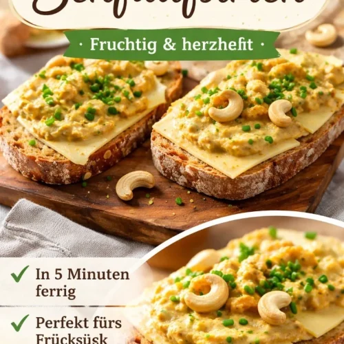 Glas mit Senfapfelaufstrich auf einem Tisch, umgeben von frischen Äpfeln und Senfsamen.