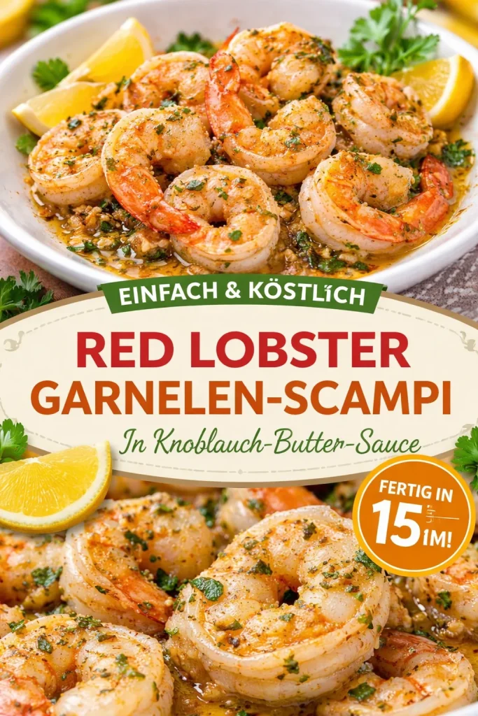 Shrimps Scampi von Red Lobster, serviert mit Pasta und knackigem Gemüse