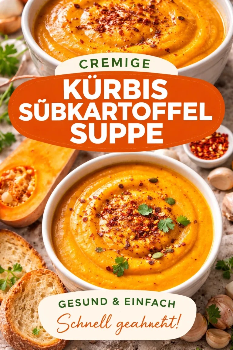 Ein Teller Butternut-Kürbis und Süßkartoffelsuppe mit frischen Kräutern garniert