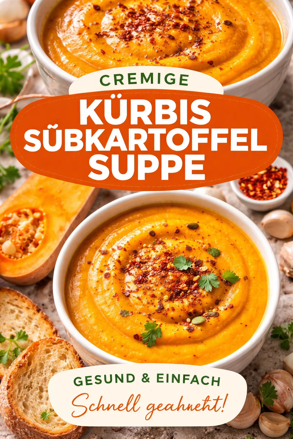 Ein Teller Butternut-Kürbis und Süßkartoffelsuppe mit frischen Kräutern garniert