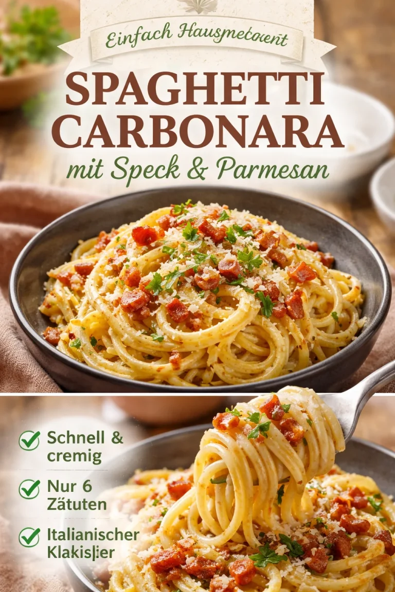 Eine Portion Spaghetti Carbonara mit Parmesan und frischem Pfeffer