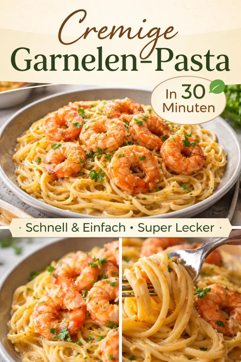 Spaghetti mit Garnelen in cremiger Frischkäsesauce auf einem Teller