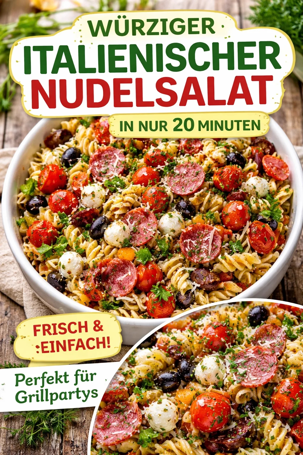 Bunter italienischer Nudelsalat mit frischen Zutaten und Kräutern