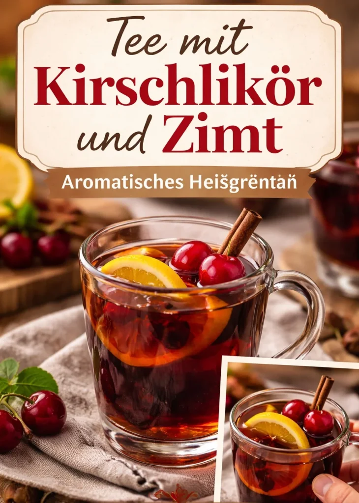 Tasse Tee mit Kirschlikör auf einem Holztablett serviert