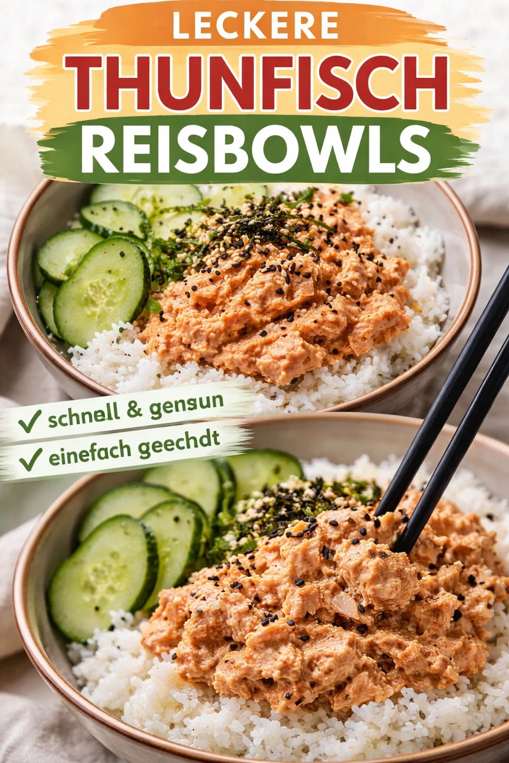 Leckere Thunfisch-Reisbowl mit frischem Fisch und Gemüse