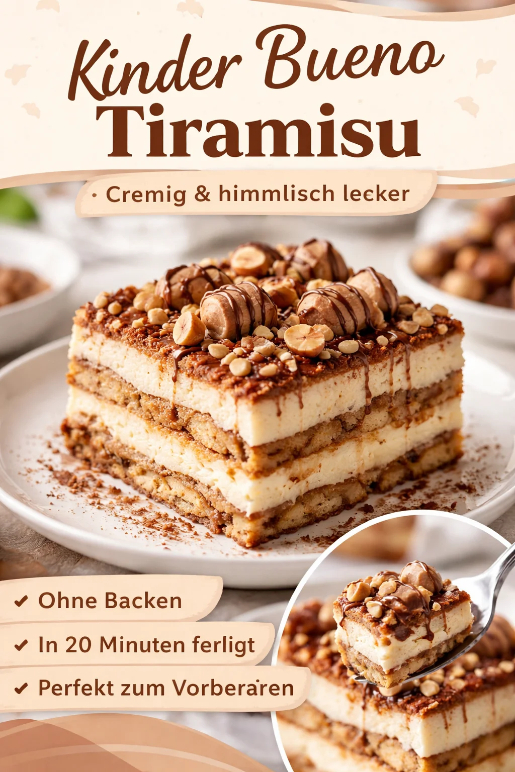 Leckeres Tiramisu mit Kinder Bueno serviert in eleganter Dessertschale.