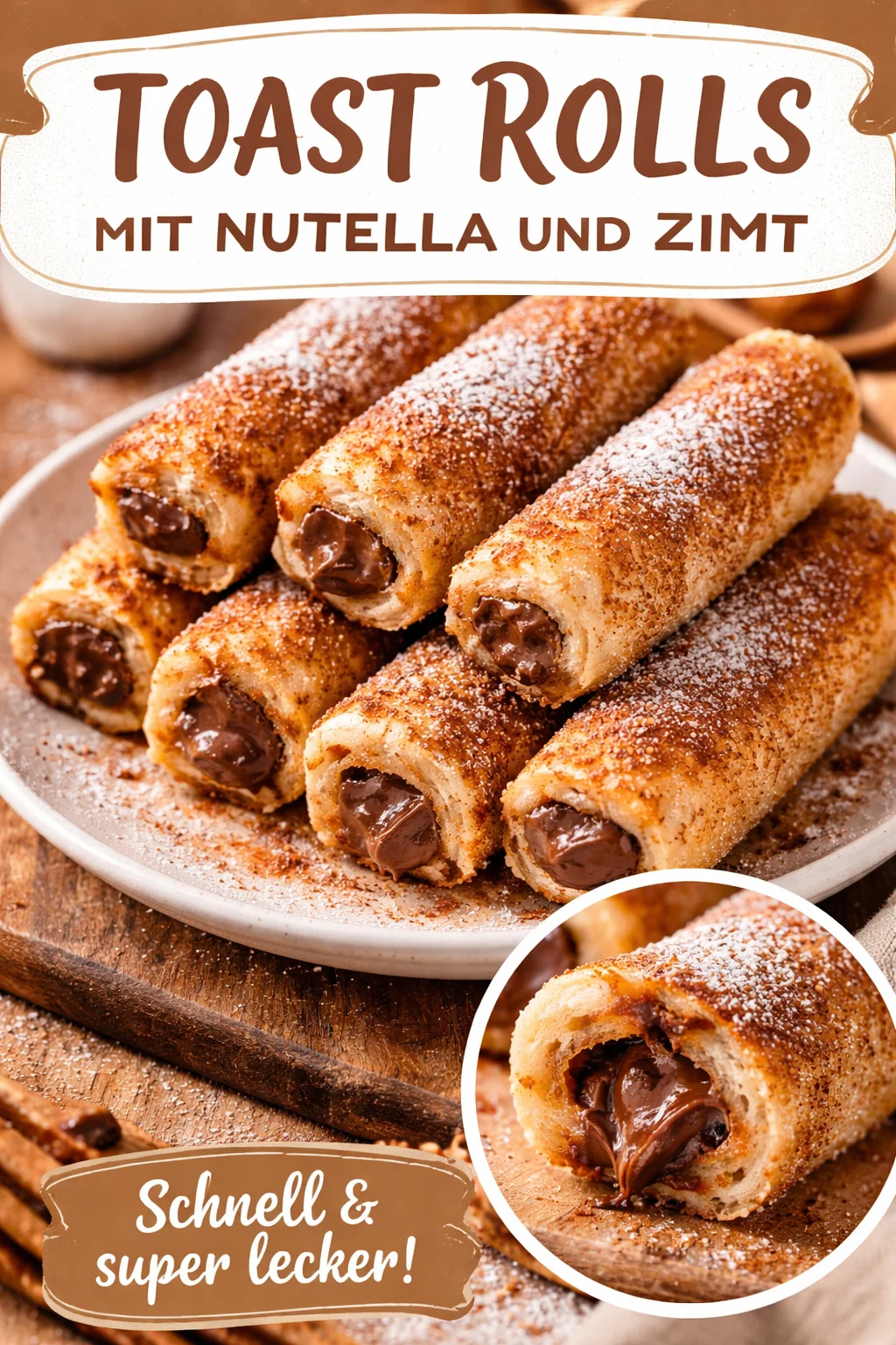 Leckere Toast Rolls gefüllt mit Nutella und bestreut mit Zimt.