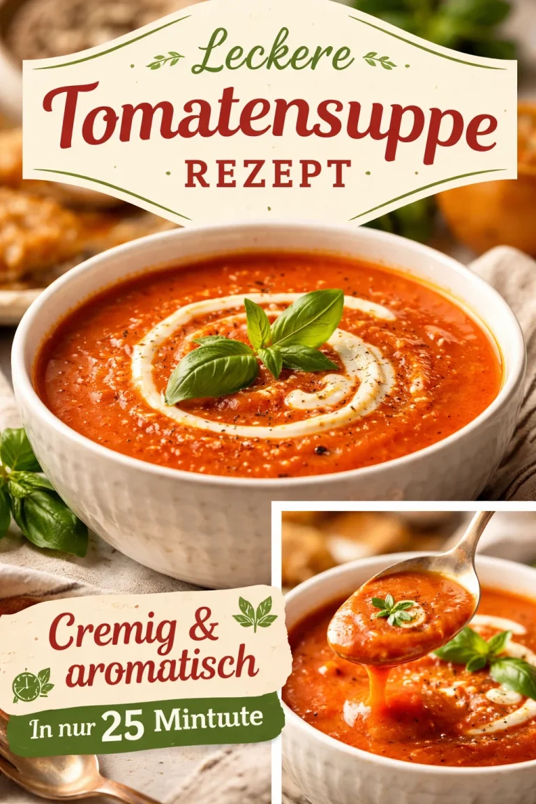 Schüssel mit frischer, dampfender Tomatensuppe mit Kräutern garniert.