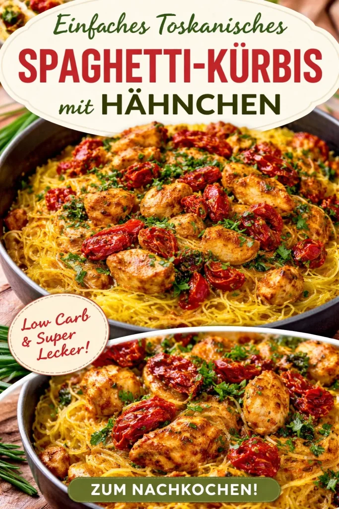 Toskanisches Hähnchen serviert mit Spaghetti-Kürbis auf einem Teller.