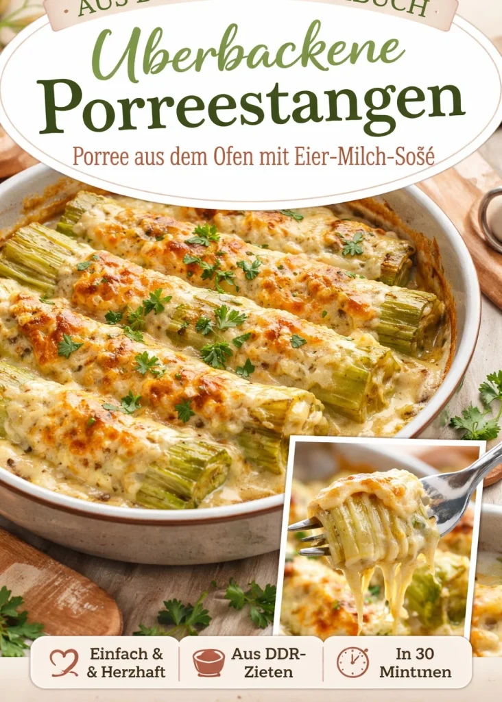 Überbackene Porreestangen mit Käse und Lauch, ein köstliches Rezept.