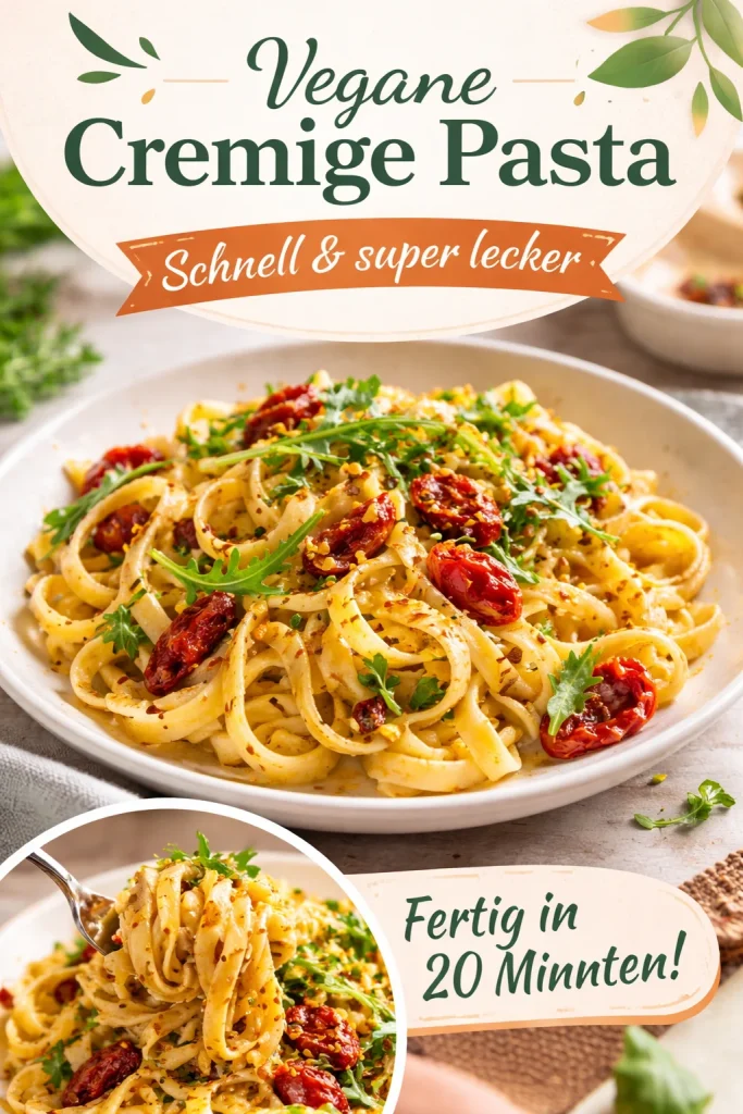 Vegane cremige Pasta mit sonnengetrockneten Tomaten in einem eleganten Teller