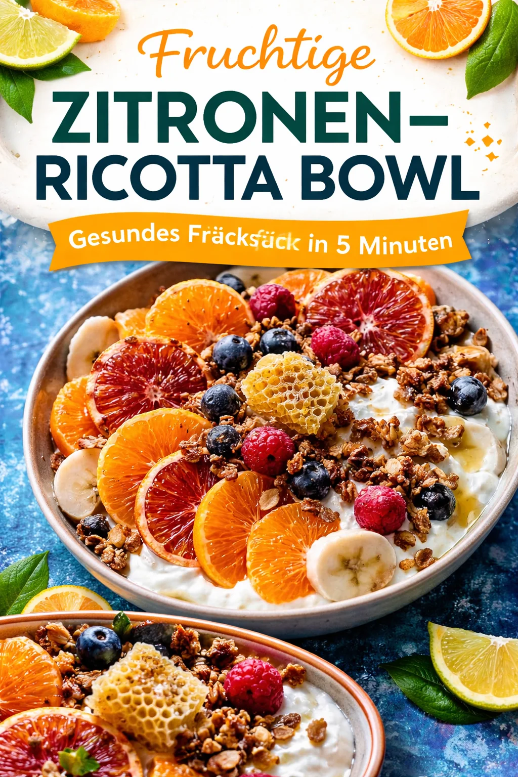 Winter Citrus Ricotta Frühstücksschüssel mit Honigwabe und frischen Früchten