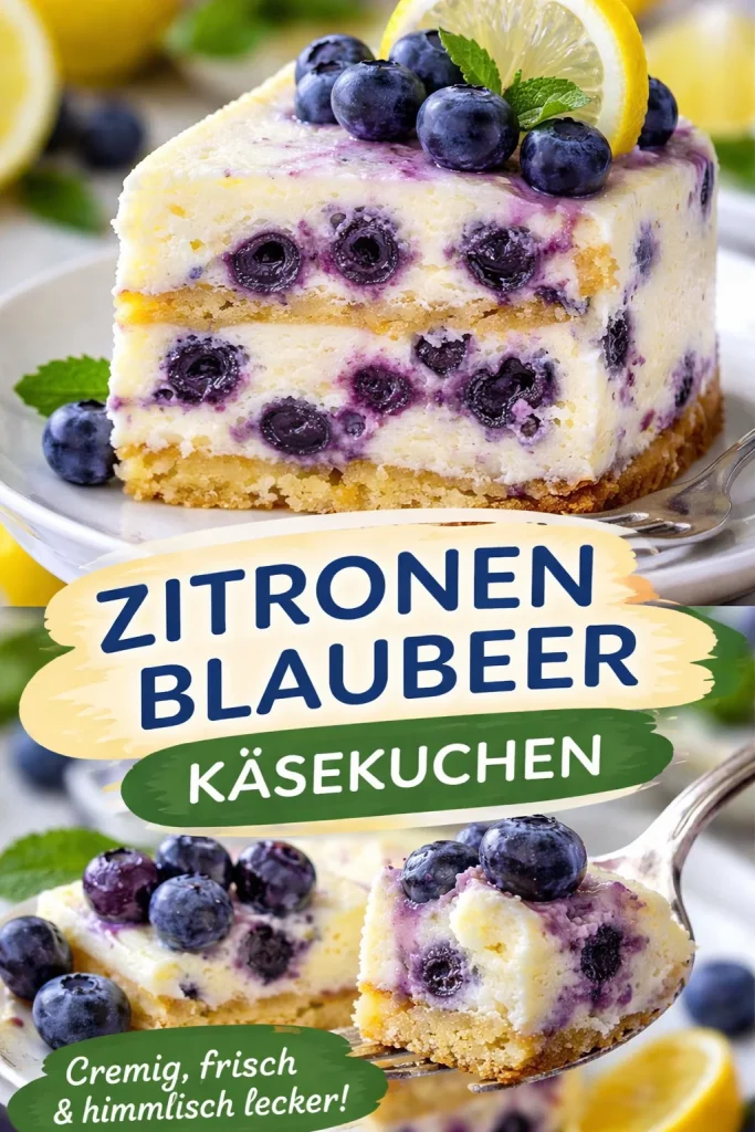 Zitronen-Blaubeer-Käsekuchen auf einem Teller, bereit zum Genießen.