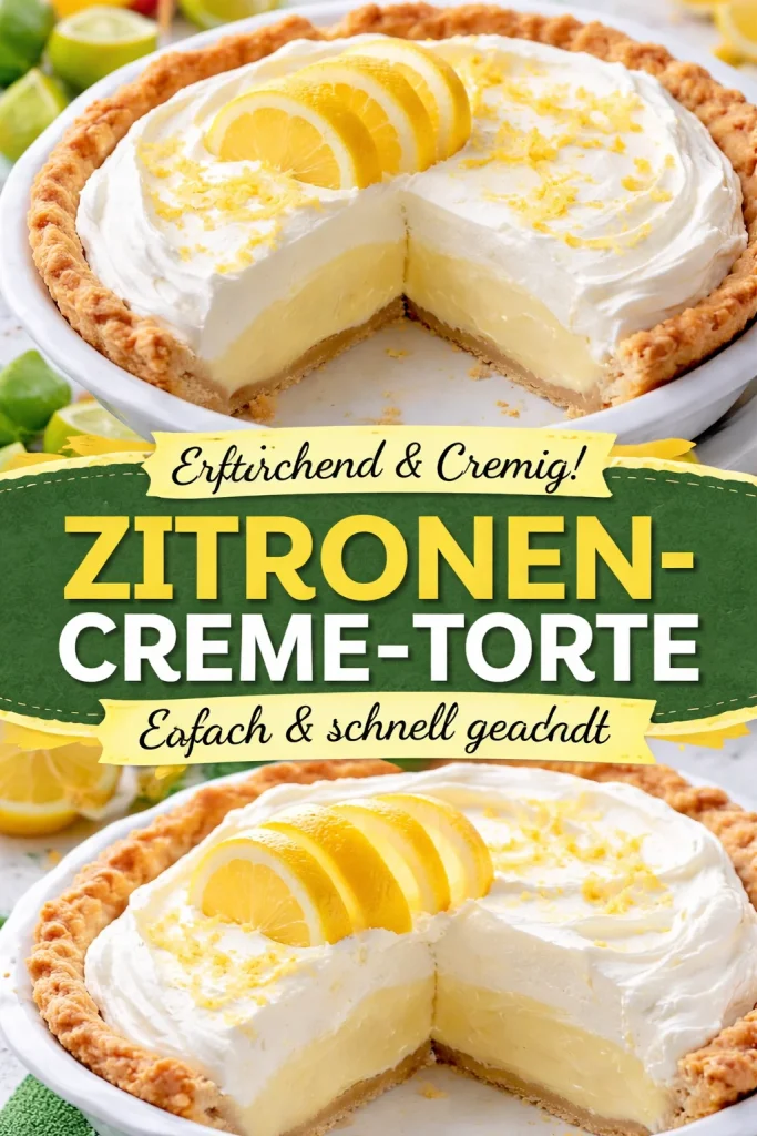 Zitronencreme-Torte mit frischen Zitronenscheiben und Sahnehaube