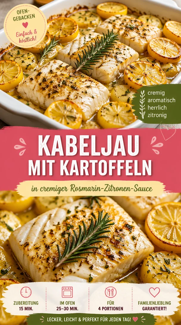 Baked Cod mit cremigen Rosmarin-Zitronen-Kartoffeln auf einem Teller.