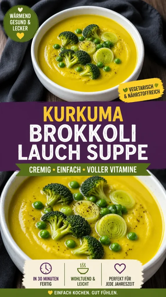Cremige Brokkoli-Lauch-Suppe mit Kurkuma in einer Schüssel serviert